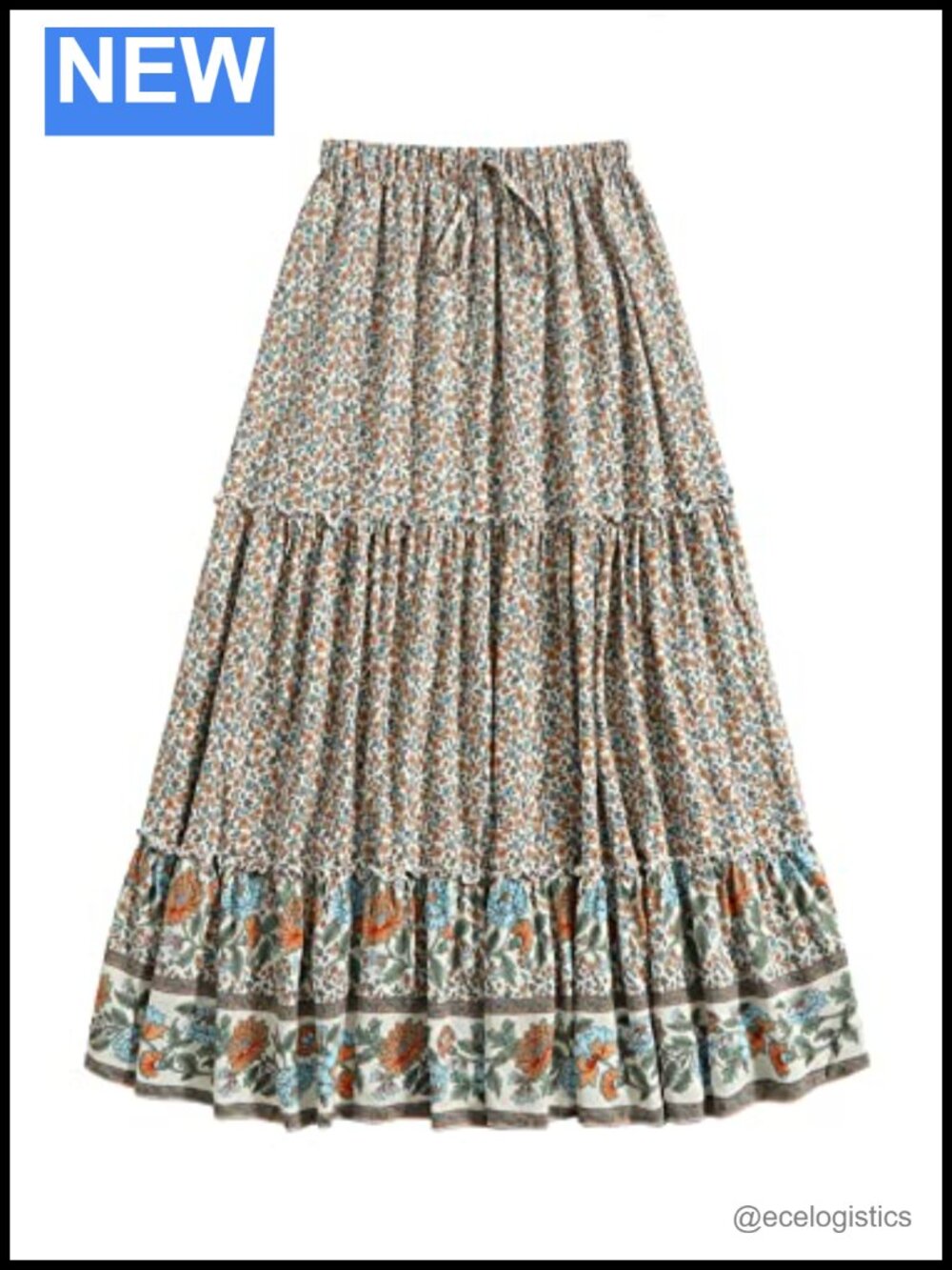 Boho Floral Maxi Skirt Tiered A-Line High Rise Drawstring Lightweight